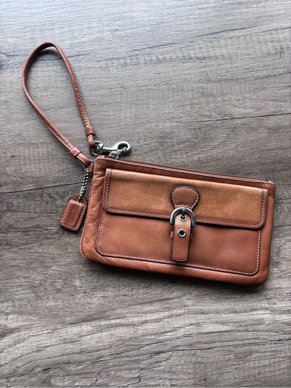 Coach Leather Wristlet in Cognac Brown